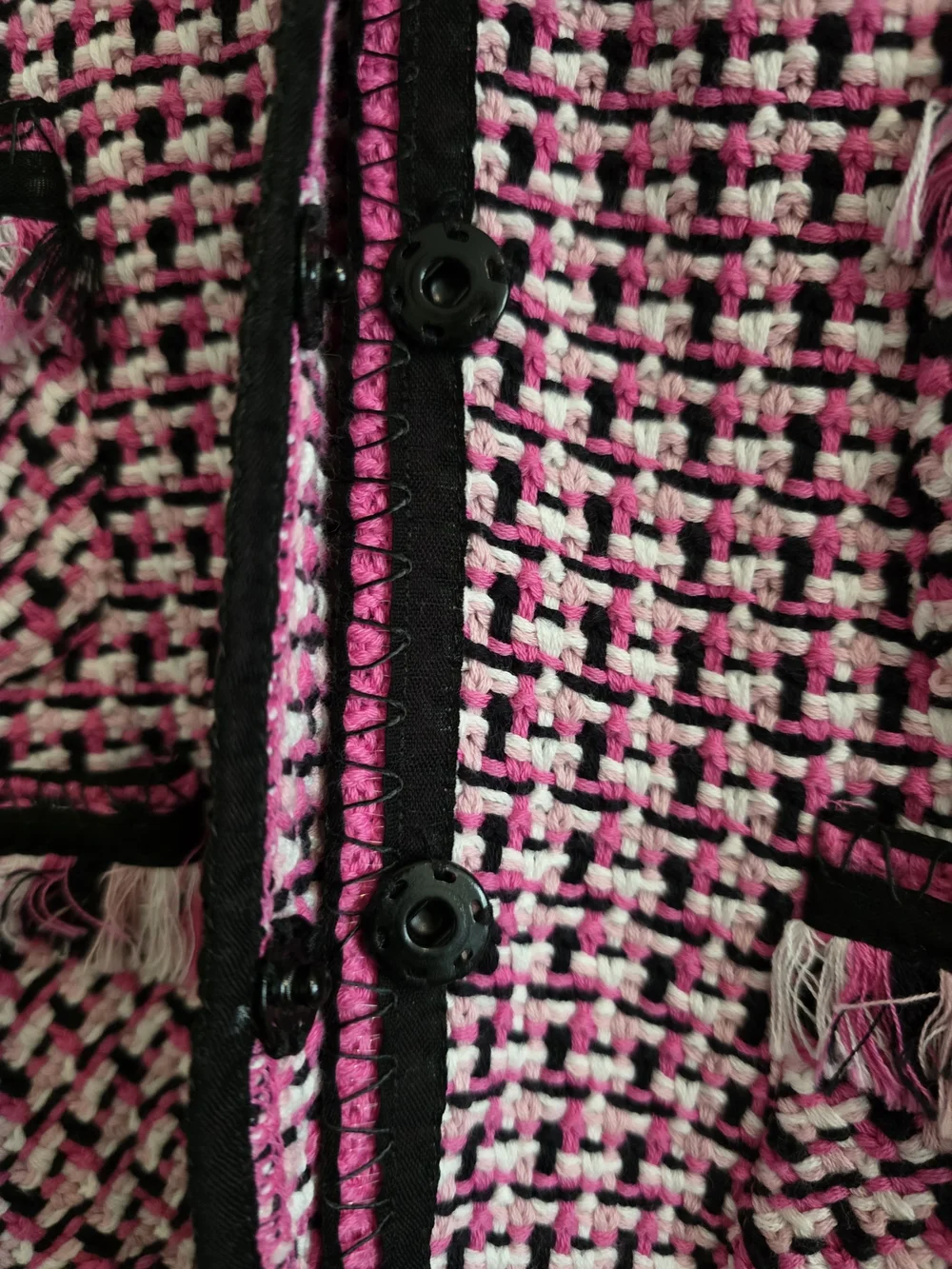 NWT Basler Pink Tweed Fringe-Trim Jacket with Black Piping